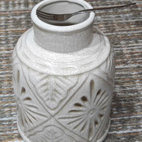 Decorative ceramic vase vintage style new, off-white with embossed patterns