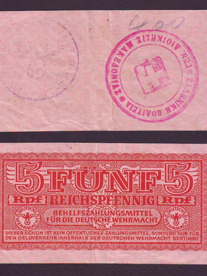 5 Pfennig German Wehrmacht Occupation Banknote used, Thessaloniki Greece