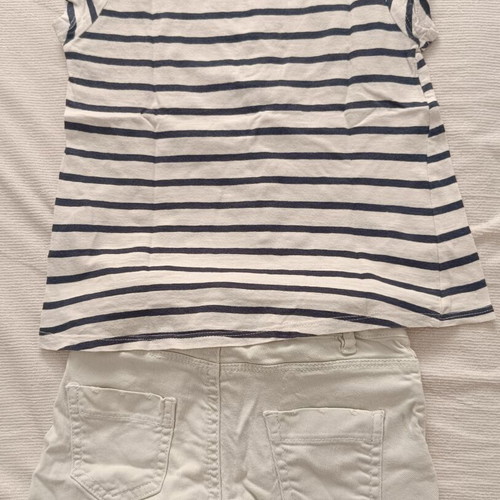Zara white denim shorts and striped L.O.G.G. blouse set used