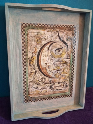 Handmade wooden decoupage tray moon new