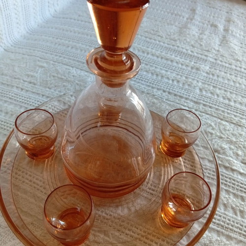 Vintage liqueur set with tray, 5 glasses and bottle