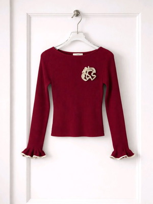 Giorgia Ribbed Knit Top Burgundy new with cream detail size M/L