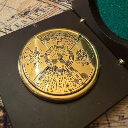 Metal Perpetual Calendar 50 Years Used, Nautical Design with Case