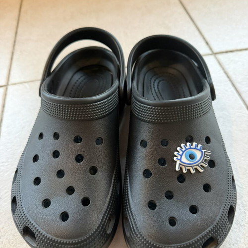 Black clogs slippers with decorative eye charm, like new, size 37/38