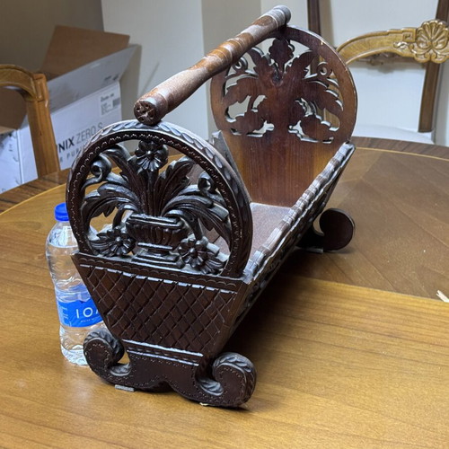 Wooden magazine holder, traditional hand-carved folk art design