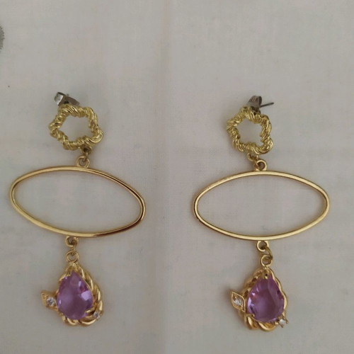 Oval handmade earrings with lilac pendant motif, new