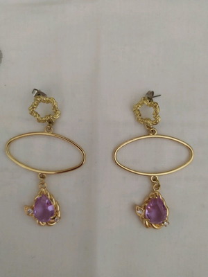 Oval handmade earrings with lilac pendant motif, new