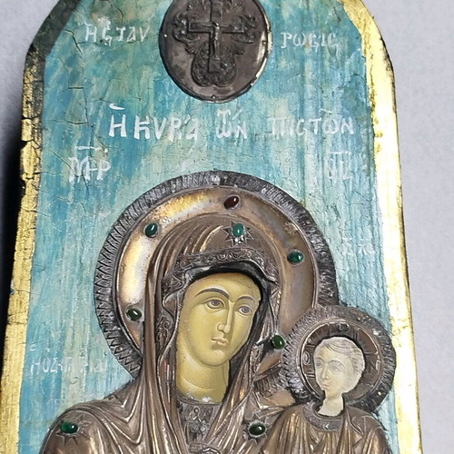 Handmade Orthodox Icon of Virgin Mary with Silver 950