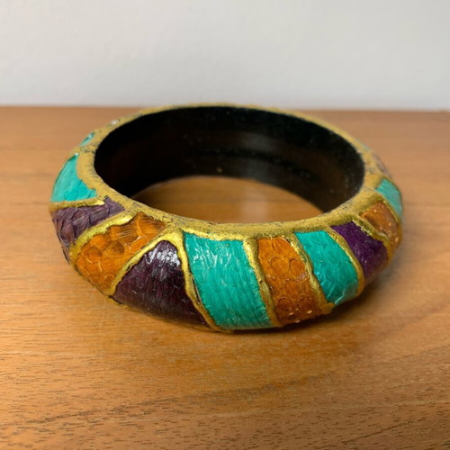Bracelet made of wood and snake imitation new, handmade patchwork