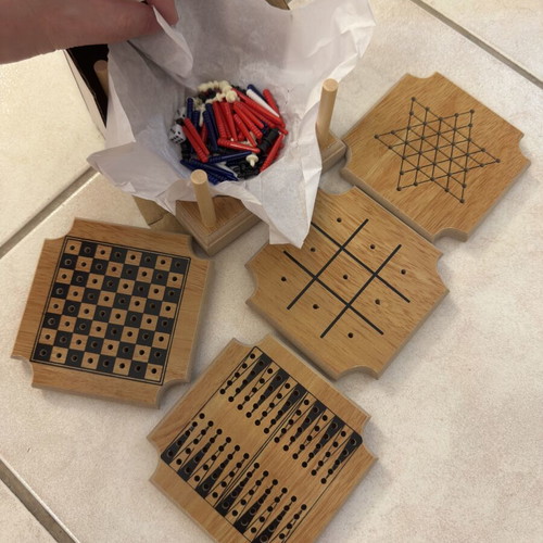 Wooden Coaster Set with 4 Board Games new in box