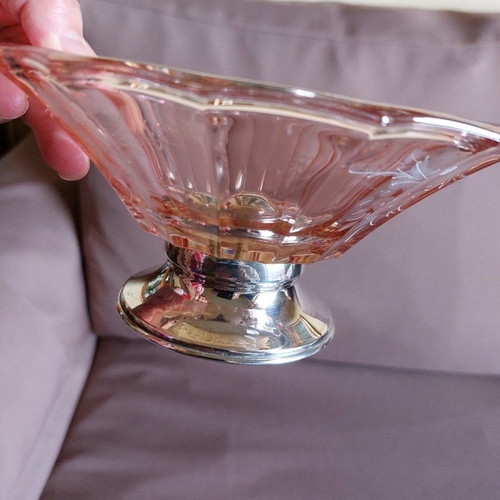 French crystal bowl with 925 silver foot like new, vintage salmon color