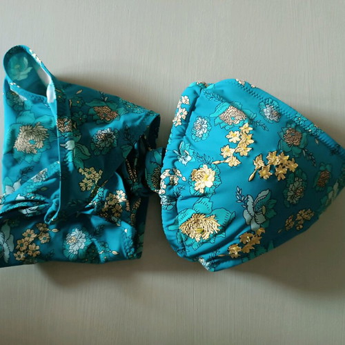 Marks and Spencer women's swimsuit used, blue with gold embroidery