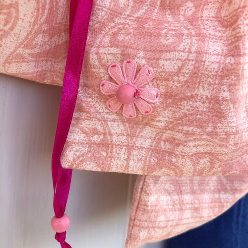 Set of three handmade pink pouches new, cotton with wooden beads