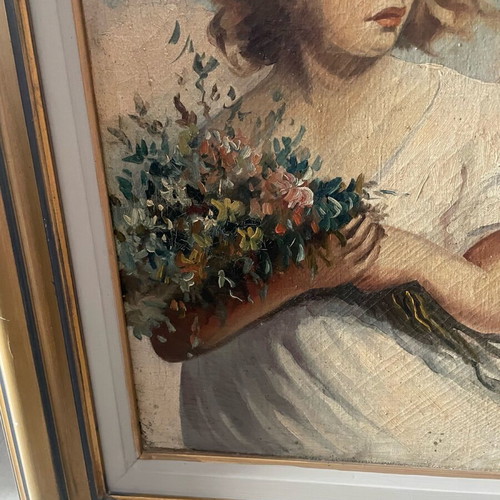 Canvas painting girl with flowers used, very old