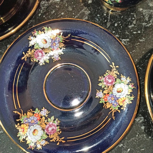 Porcelain coffee/tea set 24K gold like new, blue, 7 pieces