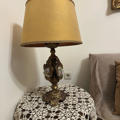 Vintage table lamp used with bronze base and fabric shade