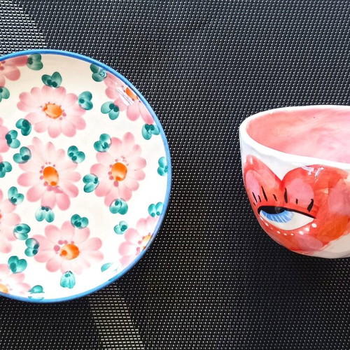 Handmade ceramic mug set Lunatique with hearts and Rice saucer