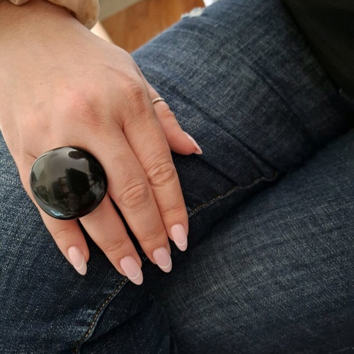 Black ring large impressive, new, plastic, size 55-56