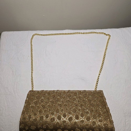 Gold Clutch with Chain like new, elegant embroidered glitter design