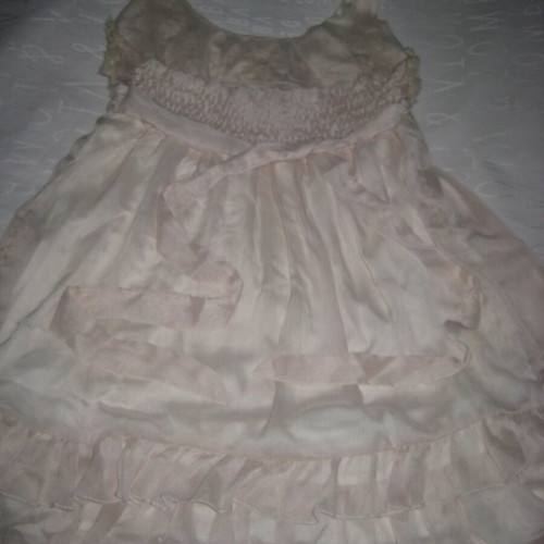 Baby doll dress with floral appliques, peach chiffon