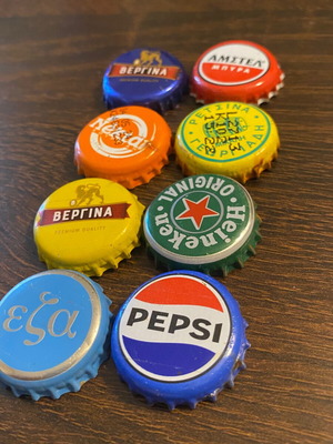 Beer and soda bottle caps used, set of 8, all Greek