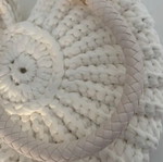 Handmade knitted bag shell shape with pearl strap, new, white and gold