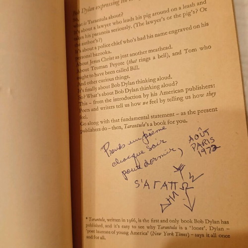 Bob Dylan Tarantula book like new, collectible with handwritten note