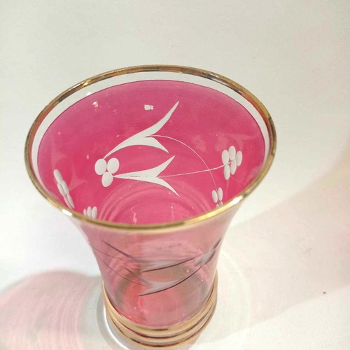 Old glasses set of six red with carved designs and gold finishes