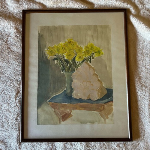 Painting used with still life and bouquet of flowers