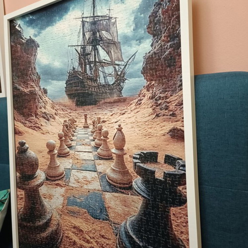Puzzle 1000 pieces with white wooden frame, like new, 50x70 cm