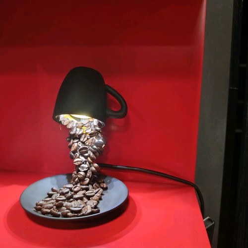 Handmade table lamp with porcelain, coffee beans, and 12 LED lights