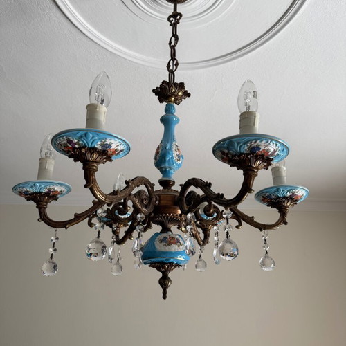 Vintage chandelier with blue porcelain and crystals used, 1970s