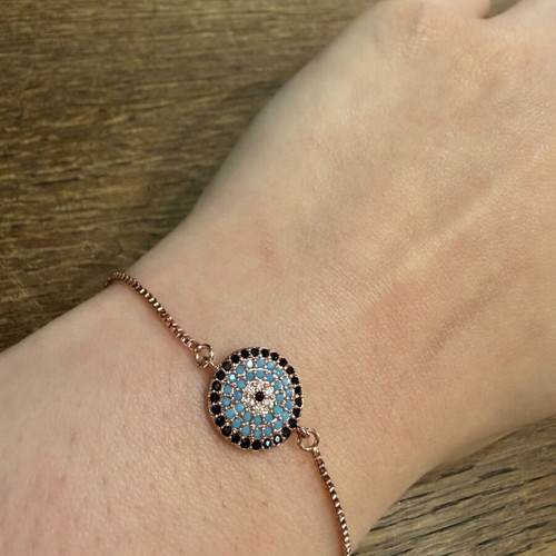 Bracelet with Eye and Zircon Details in Rose Gold, New