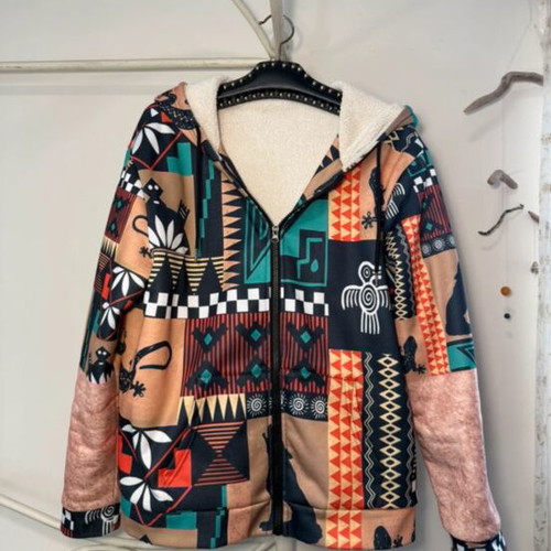 Boho fleece jacket used with sherpa lining and ethnic pattern