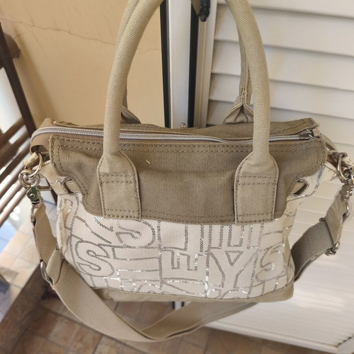Sisley women's handbag used, beige, two carrying styles, embroidered logo