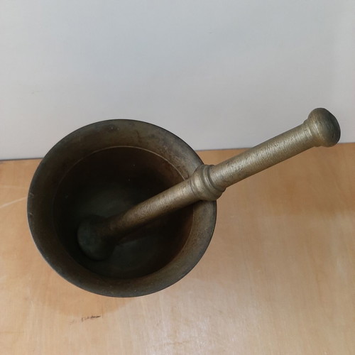 Bronze mortar and pestle used, vintage kitchen decoration
