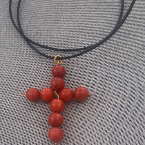 Miriam Cross with Natural Coral and Leather New, Handmade Gift Pouch