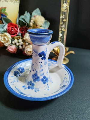 Ceramic candlestick with handle from Germany new, blue flower decor