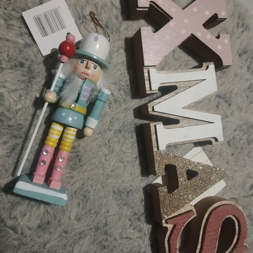 Nutcracker pink and wooden decorations like new, xmas pack