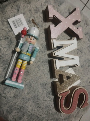 Nutcracker pink and wooden decorations like new, xmas pack