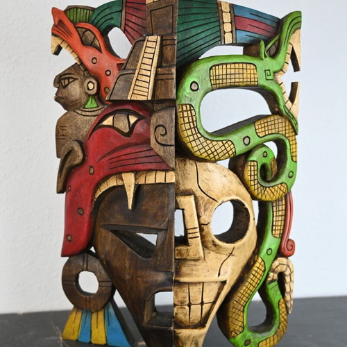 Wooden mask used, rare Maya design, 40 cm height
