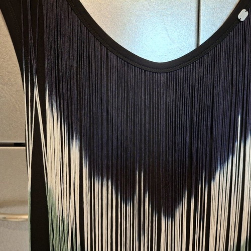 Denny Rose sleeveless blouse with colorful fringes like new, black