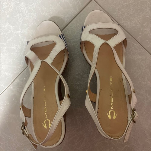 Mourtzi platform sandals, leather with white and blue striped fabric, size 38