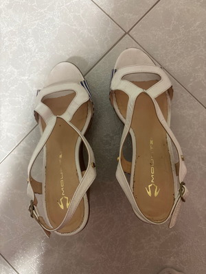 Mourtzi platform sandals, leather with white and blue striped fabric, size 38
