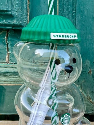 Starbucks Bearista Cup with green lid and striped straw