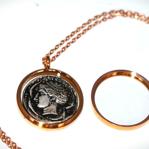 Ancient silver-plated coin pendant - replica - Arethusa, glass case necklace pendant 22K gold-plated