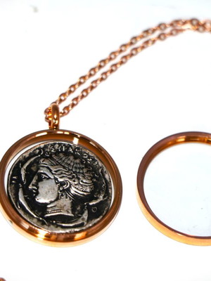 Ancient silver-plated coin pendant - replica - Arethusa, glass case necklace pendant 22K gold-plated