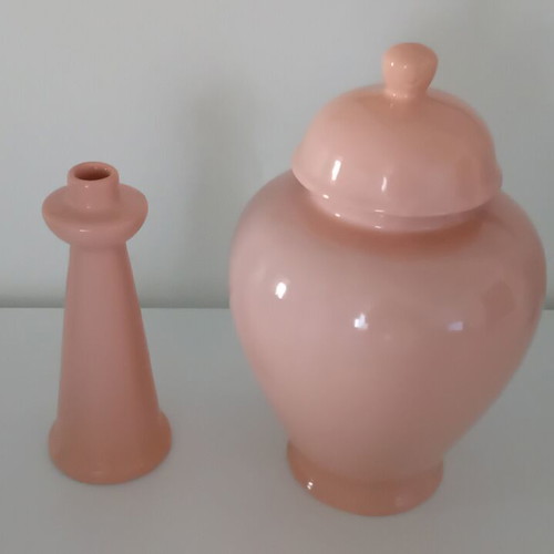 Vintage Chinese dusty pink salmon vase and candlestick set like new