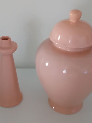 Vintage Chinese dusty pink salmon vase and candlestick set like new