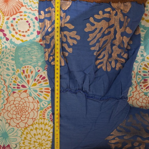 Blue dress with brown tassels like new, cotton, bronze prints